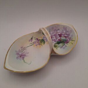 VINTAGE HAND PAINTED NIPPON DOUBLE SIDED CANDY/RELISH/NUT DISH PURPLE/GOLD HANDL